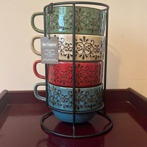 Pier 1 Imports Scroll Stacking Wide Mugs in rack set. Brand new with tags